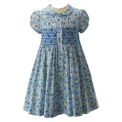 Rachel Riley Smocked Button-front Dress | Blue Floral