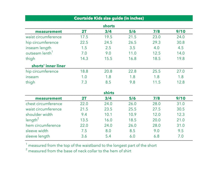 Courtside Kids size guide for shorts and shirts in inches
