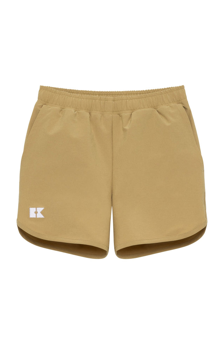 Beige shorts with a logo on a white background