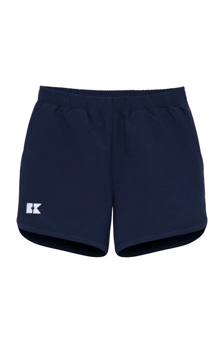 Navy shorts with a logo on a white background