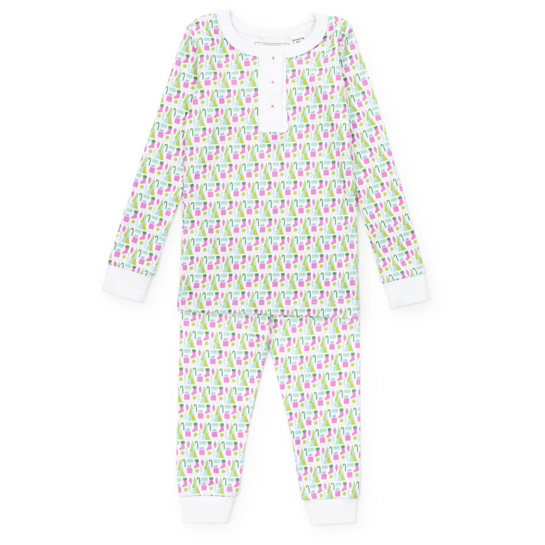 Children's pajama set with a colorful pattern on a white background
