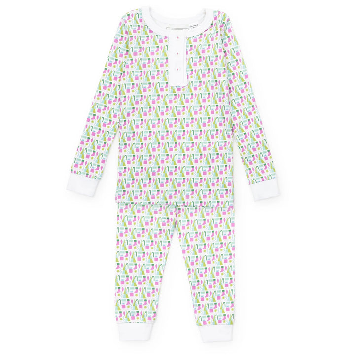 Children's pajama set with a colorful pattern on a white background