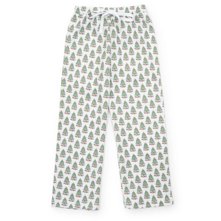 Pajama pants with a Christmas tree pattern on a white background
