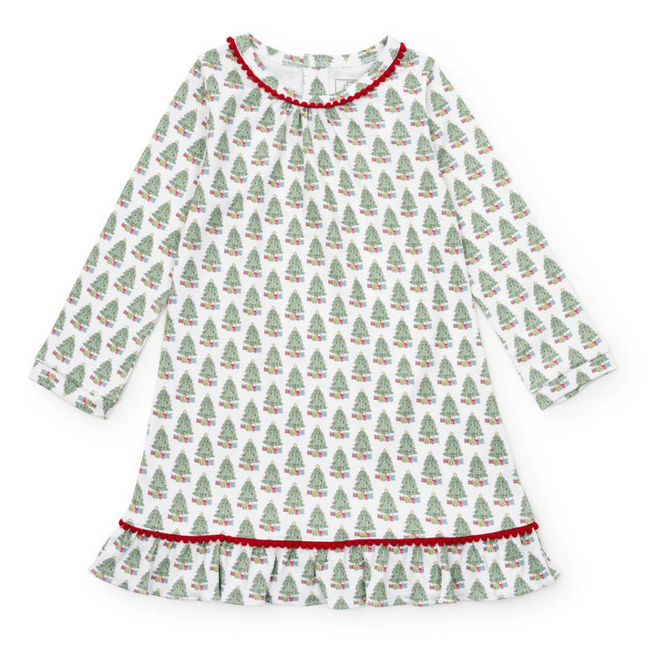 Children's dress with Christmas tree pattern on a white background
