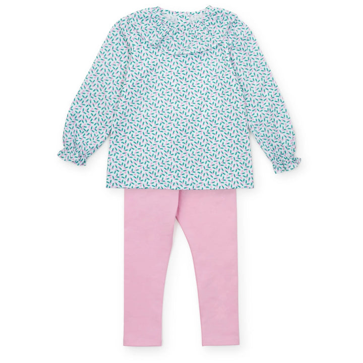 Children's outfit with a patterned top and pink pants on a white background