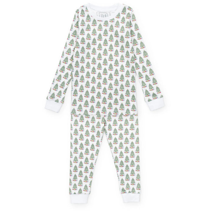 Children's pj set with Christmas tree pattern on a white background