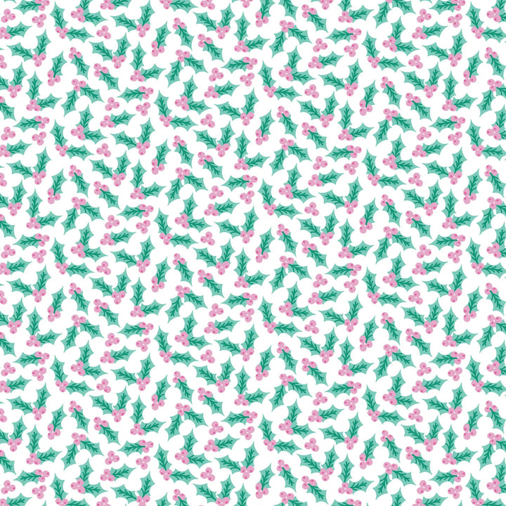 Pattern of green holly leaves and pink berries on a white background