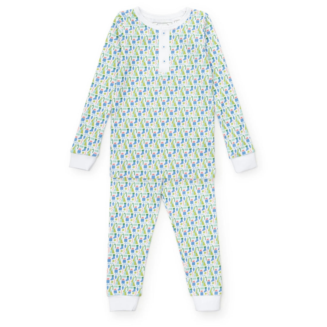 Children's onesie with a blue and green pattern on a white background