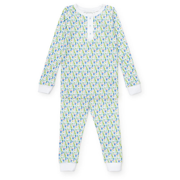 Children's onesie with a blue and green pattern on a white background