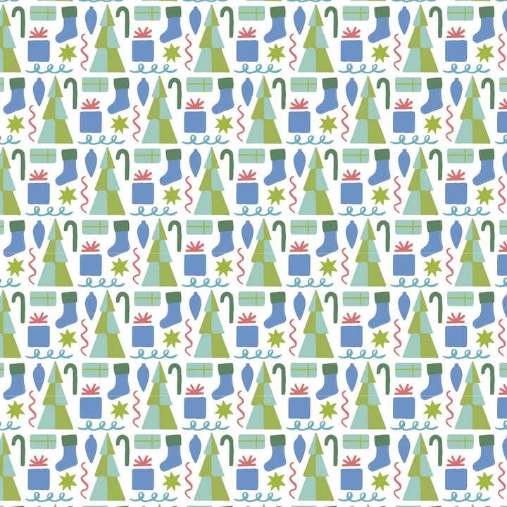 Pattern of Christmas-themed items including trees, presents, and candy canes on a white background.