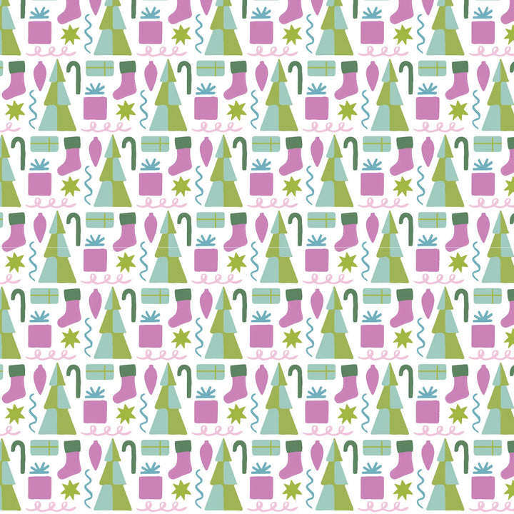 Pattern of Christmas trees, presents, and candy canes on a white background