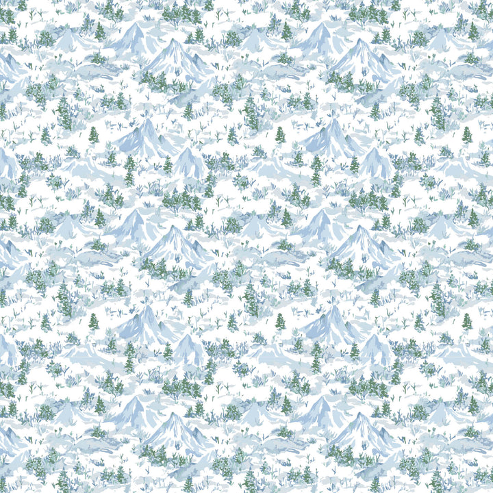 Repeating pattern of snow-covered mountains and trees on a white background