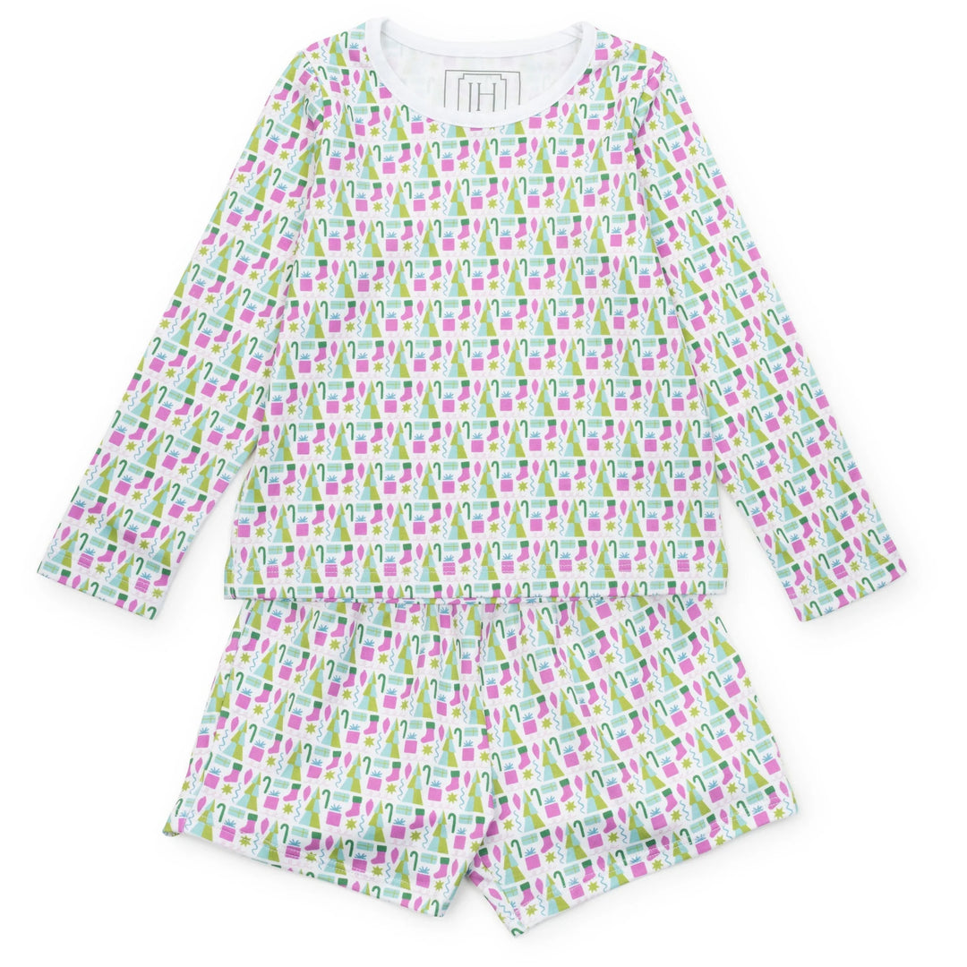 Children's pajama set with a colorful pattern on a white background