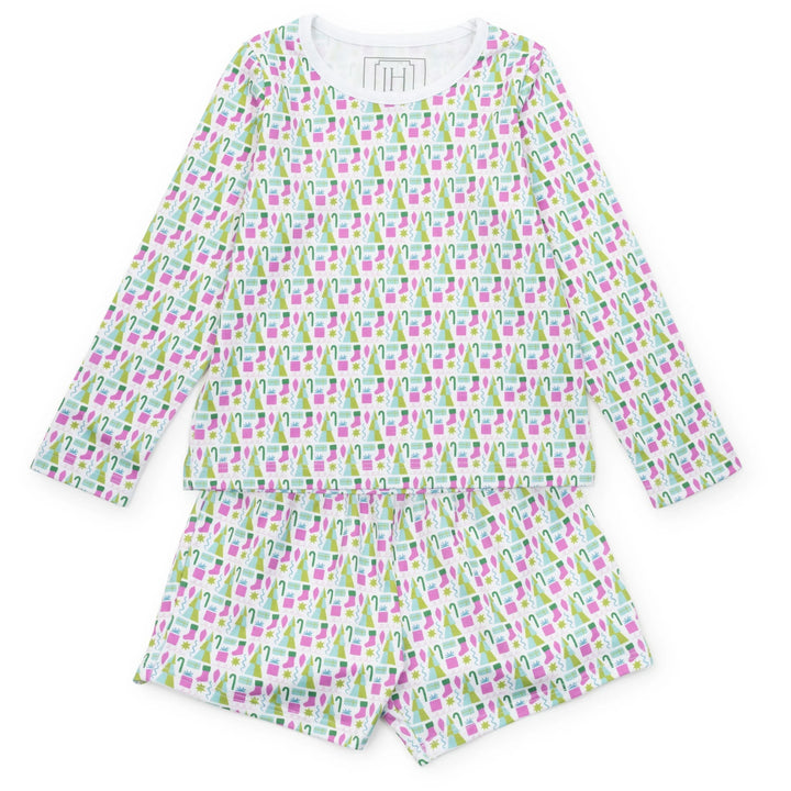 Children's pajama set with a colorful pattern on a white background