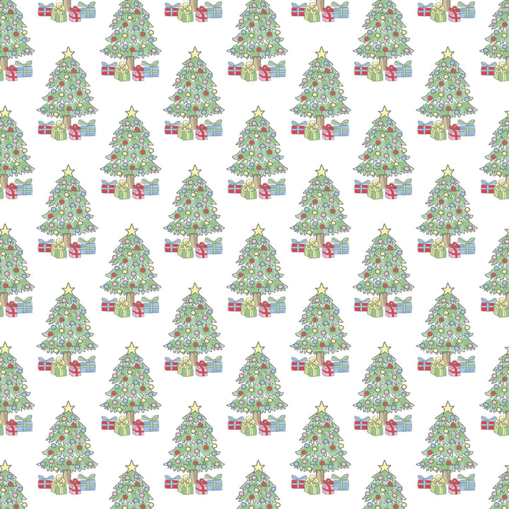 Pattern of Christmas trees and presents on a white background