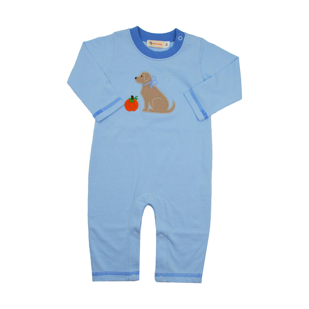 Light blue baby romper with a dog and apple design on a white background