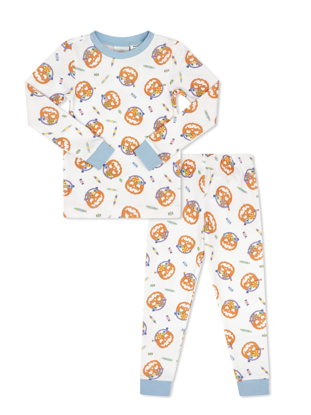 Children's pajama set with pumpkin and candy pattern on a white background