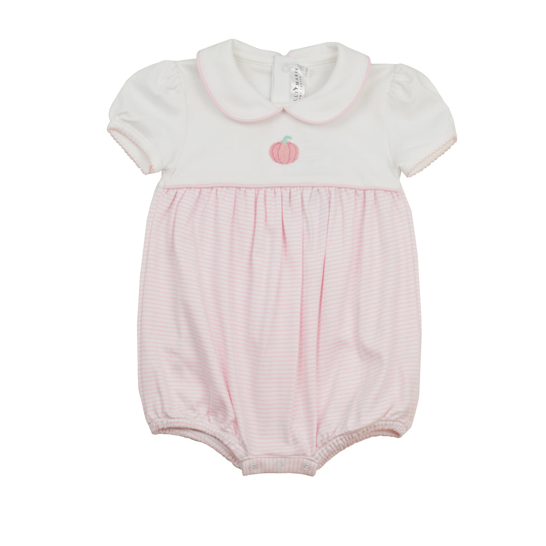 Pink pumpkin baby bubble with white collar on a white background