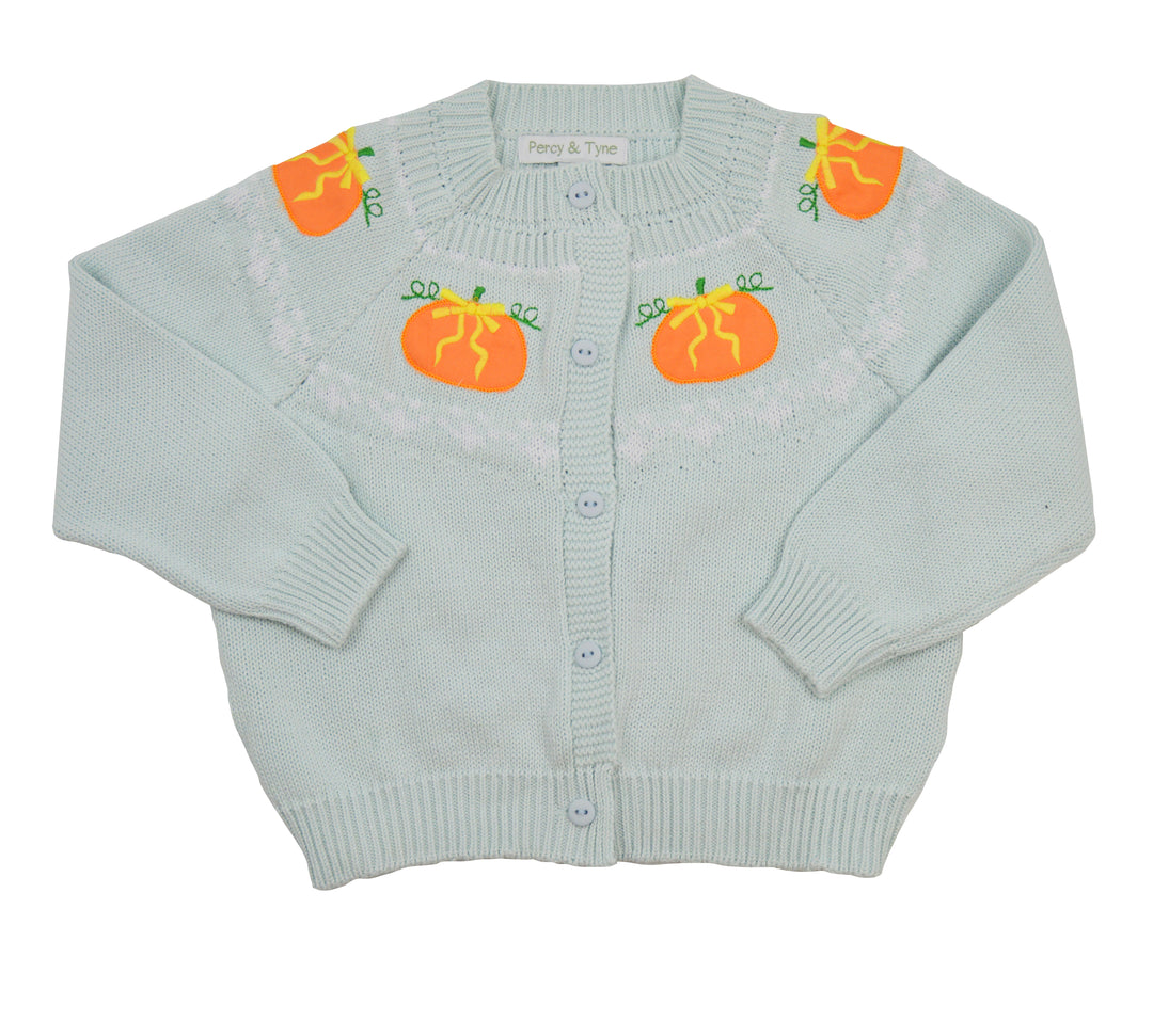 Light blue cardigan with orange pumpkin designs on sleeves against a white background