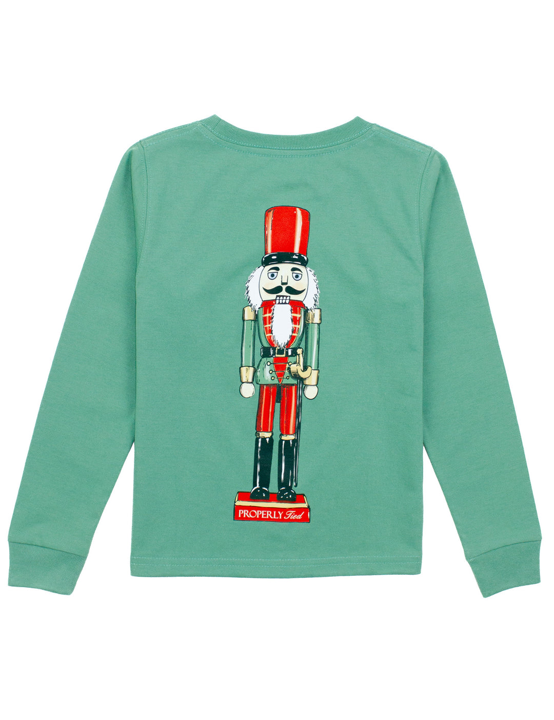 Green long-sleeve shirt with a nutcracker design on the back, on a white background