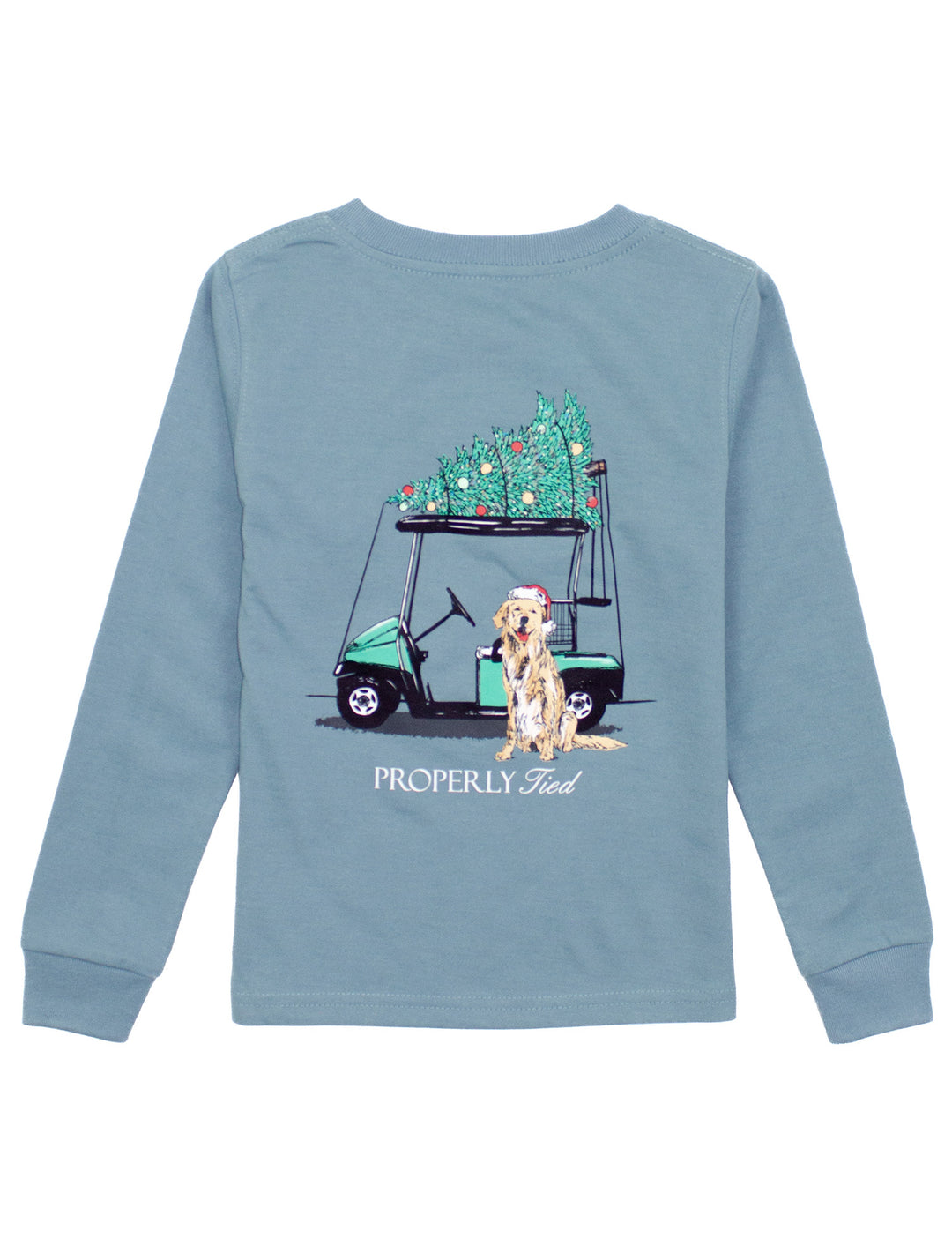 Light blue long-sleeve shirt with a graphic of a dog with a Christmas tree on a golf cart, labeled 'Properly Tied'.