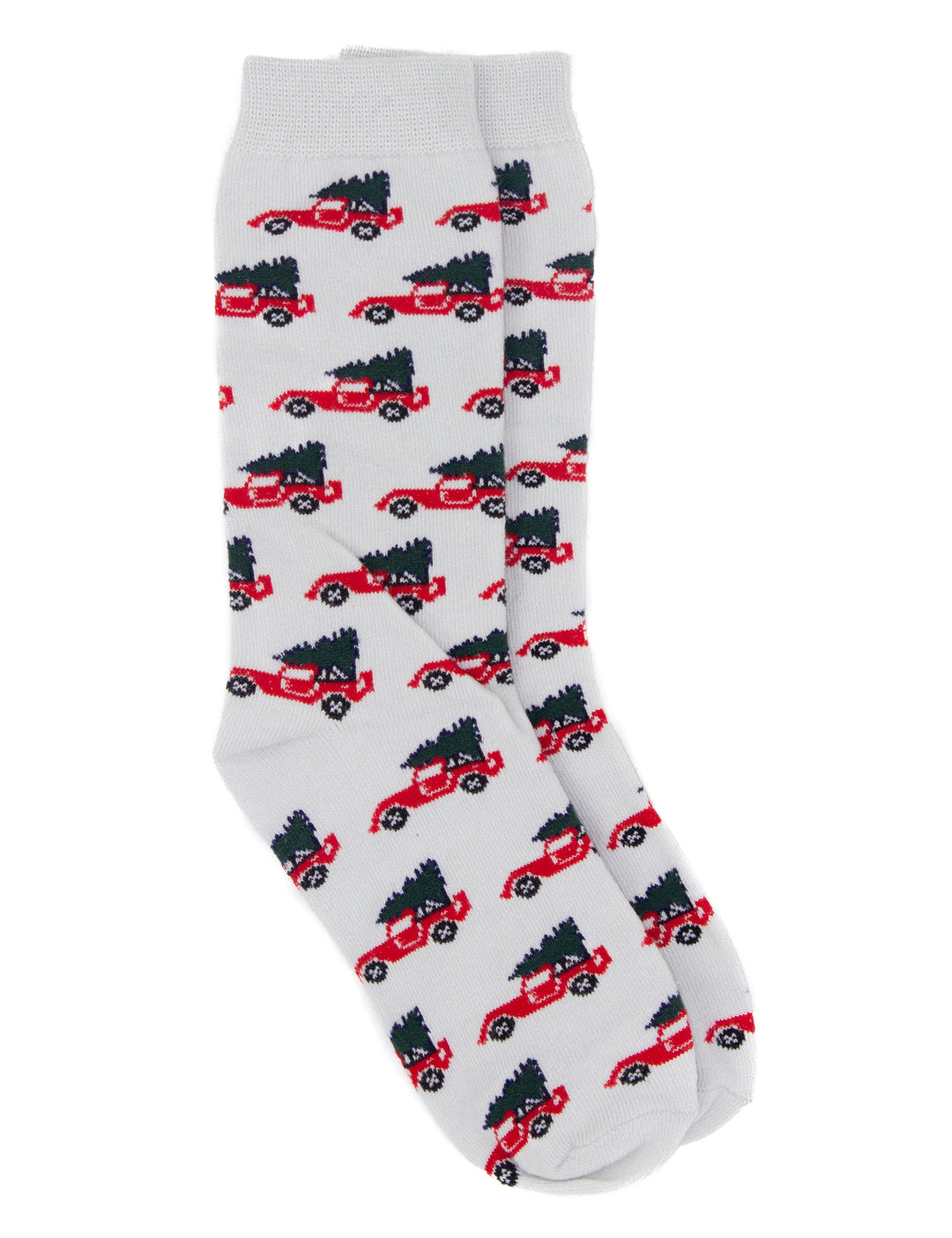 White socks with red truck and green tree pattern on a white background