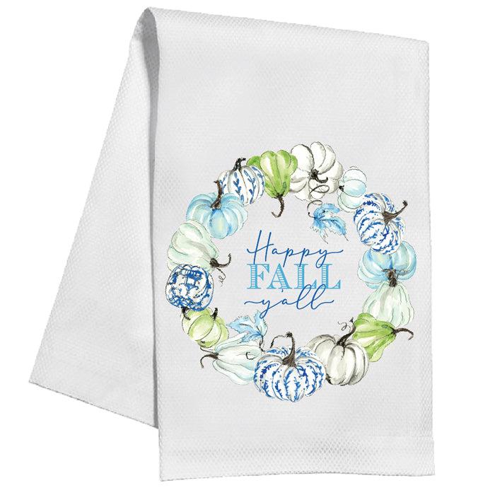 White towel with colorful pumpkin wreath and 'Happy Fall Y'all' text on a white background