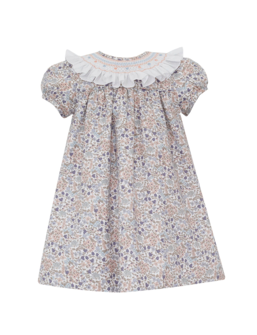 Floral dress with a white collar on a white background