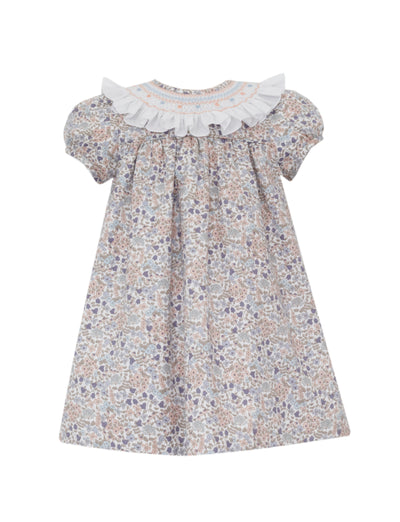 Floral dress with a white collar on a white background