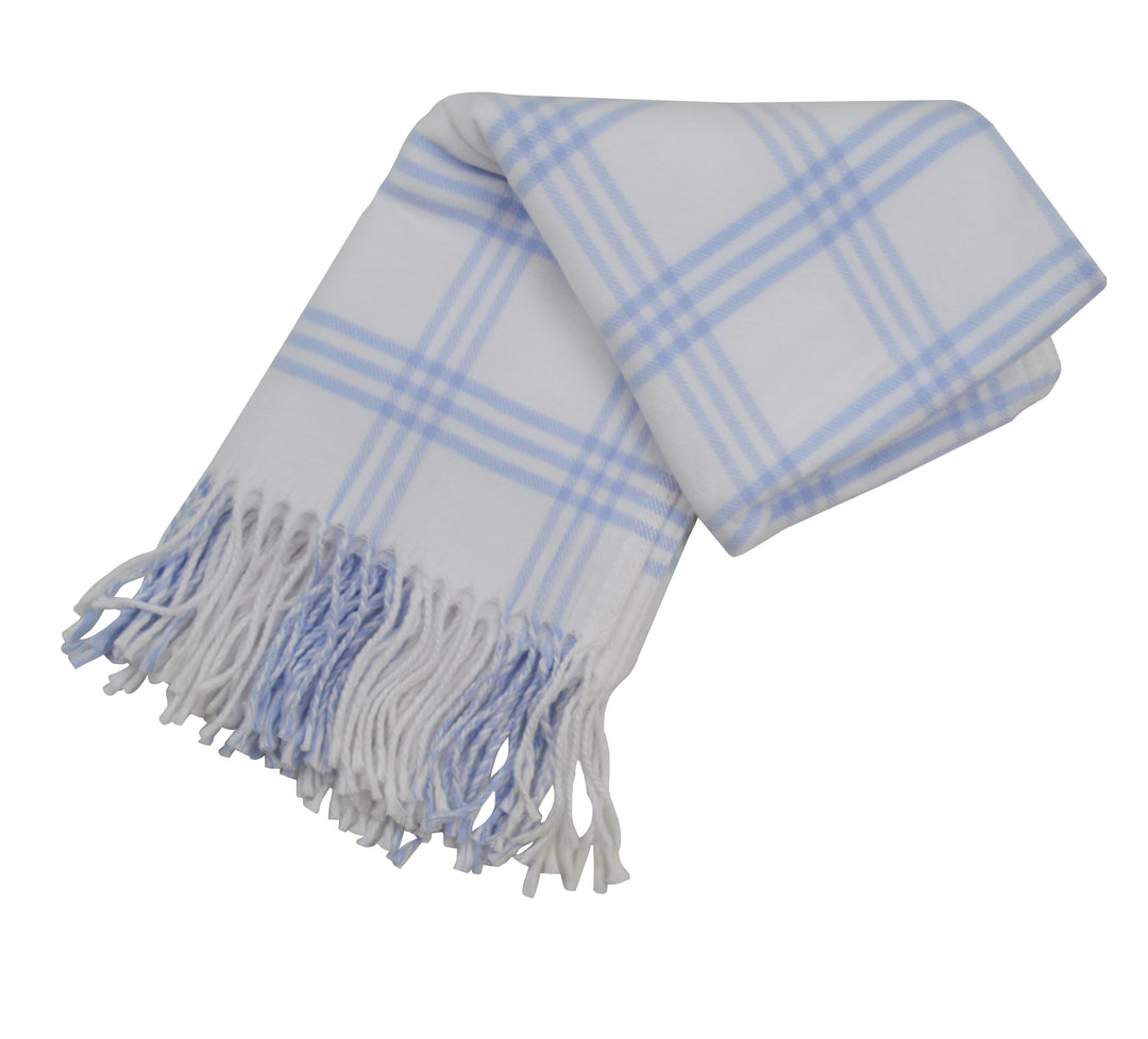 White and blue plaid blanket with fringes on a white background