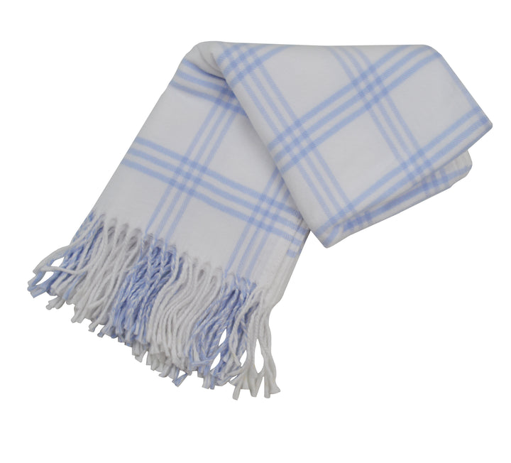 White and blue plaid blanket with fringes on a white background