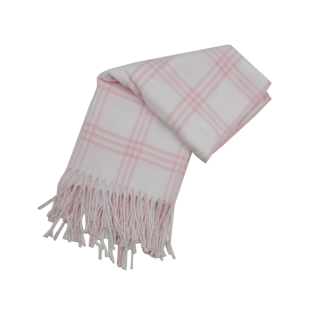 Pink and white plaid blanket with fringes on a white background