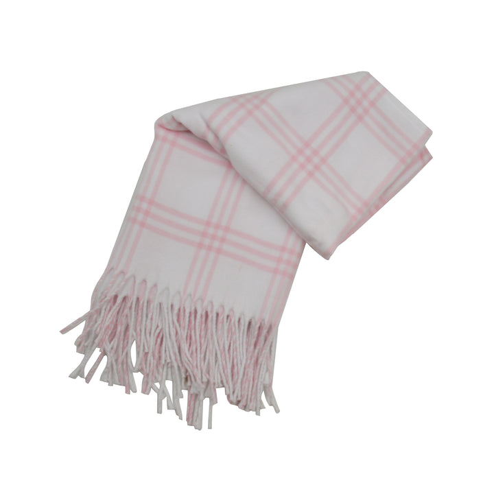 Pink and white plaid blanket with fringes on a white background
