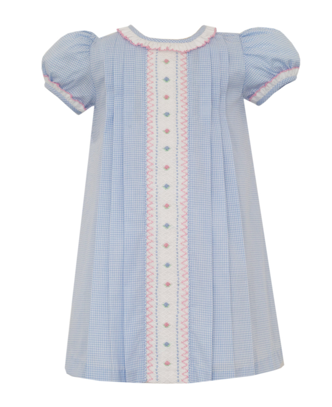 Light blue checkered dress with white buttons and pink trim on a white background