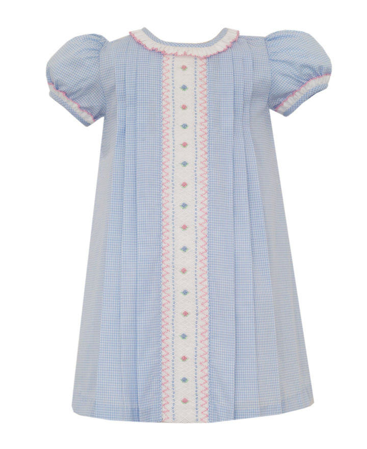 Light blue checkered dress with white buttons and pink trim on a white background
