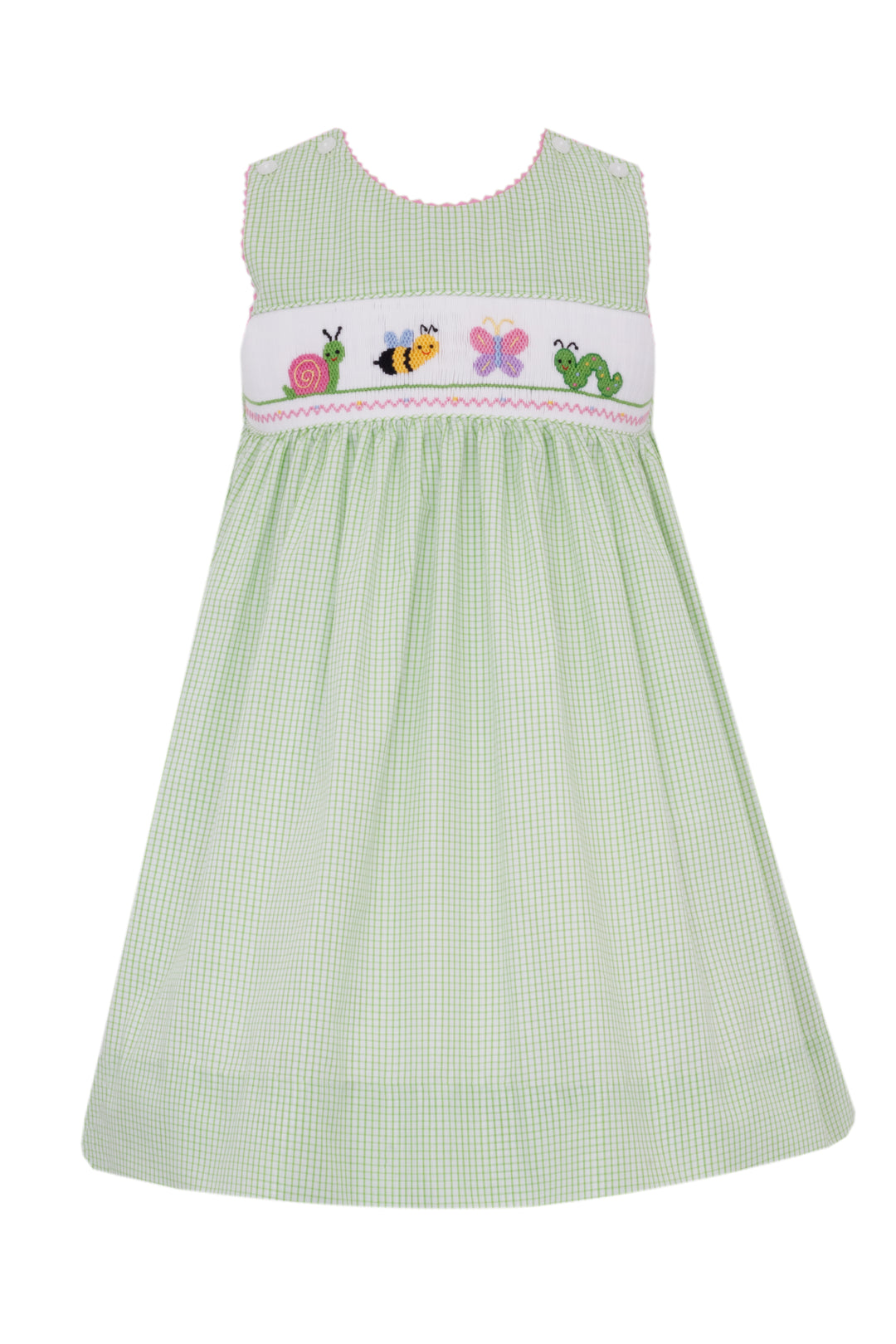 Green checkered dress with embroidered animals on a white background