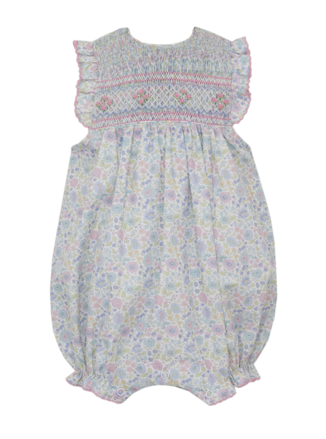 Baby romper with floral pattern and smocked top on a white background