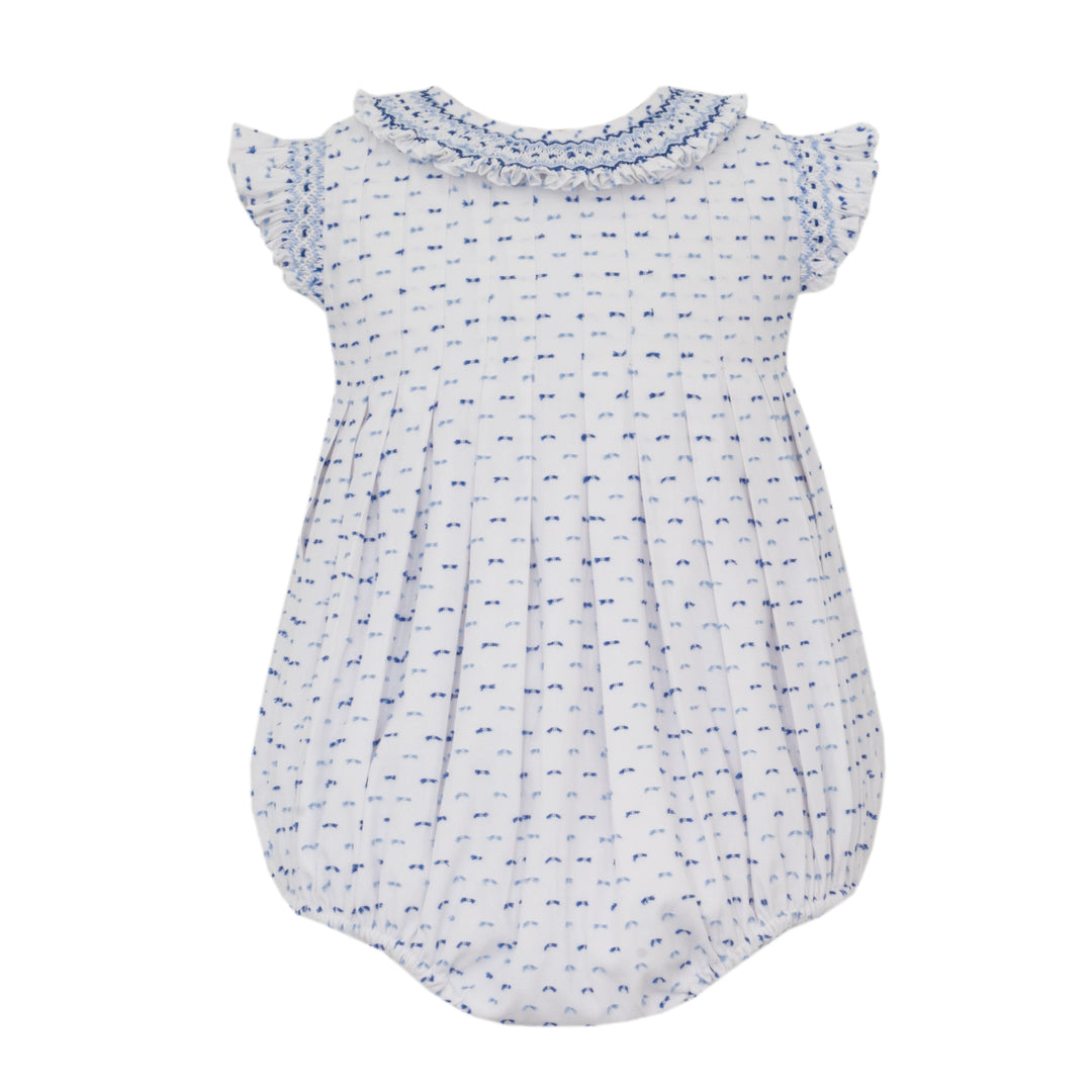 White baby romper with blue pattern on a white background