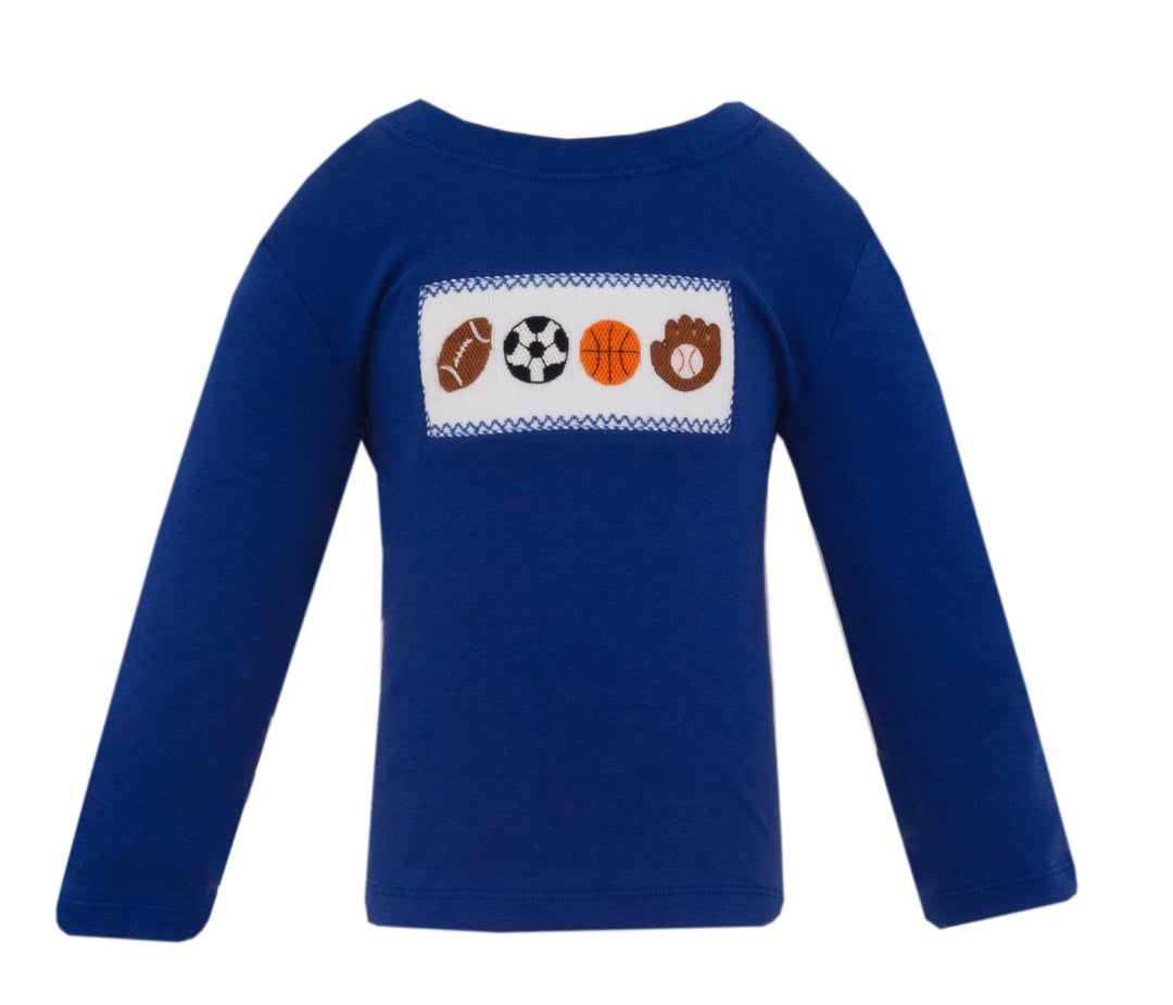 Blue long-sleeve shirt with sports-themed design on a white background