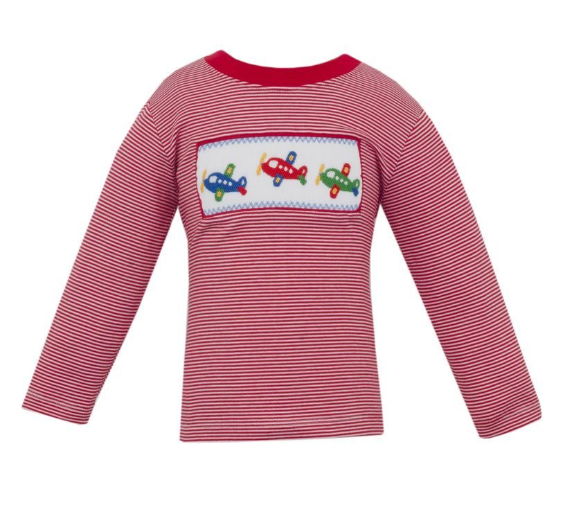 Red striped shirt with airplane design and matching headband on a white background