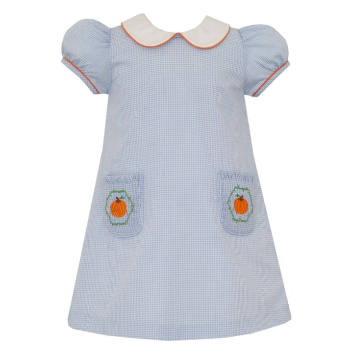 Light blue dress with embroidered pumpkins on a white background