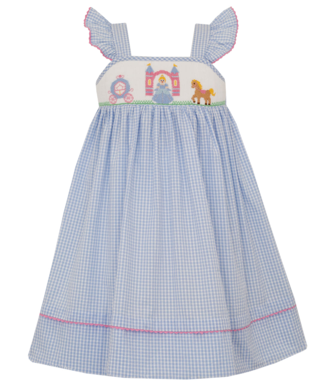 Children's dress with a blue checkered pattern and embroidered top on a white background