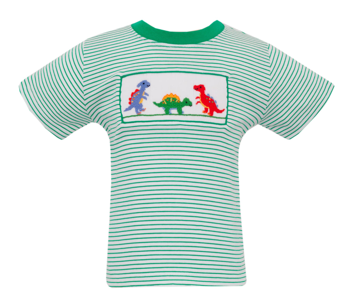 Green and white striped t-shirt with dinosaur design on a white background
