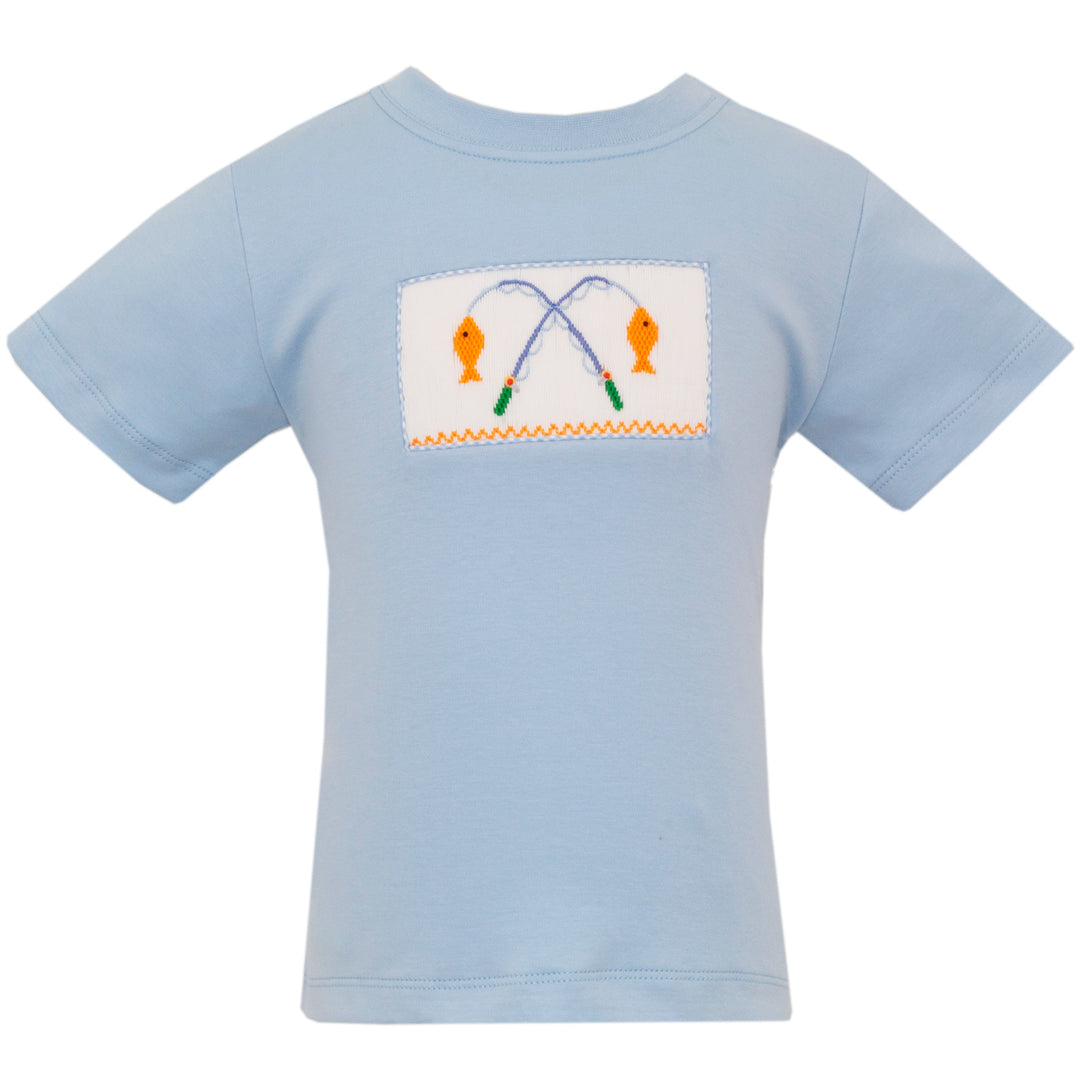 Light blue t-shirt with fishing design on a white background
