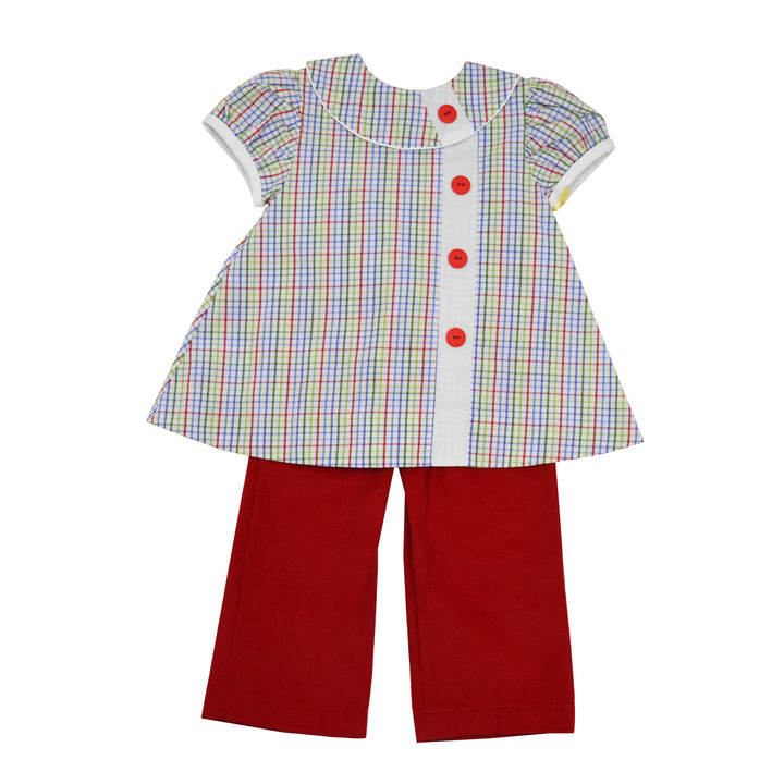 Children's outfit with plaid top and red pants on a white background