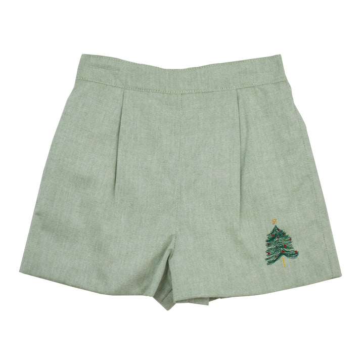 Green shorts with a embroidered tree design on a white background