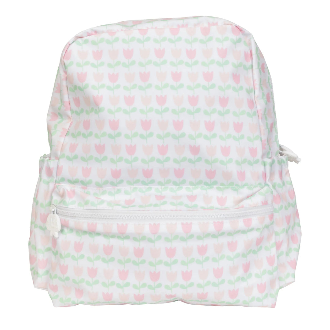 Backpack with pink and green pattern on a white background