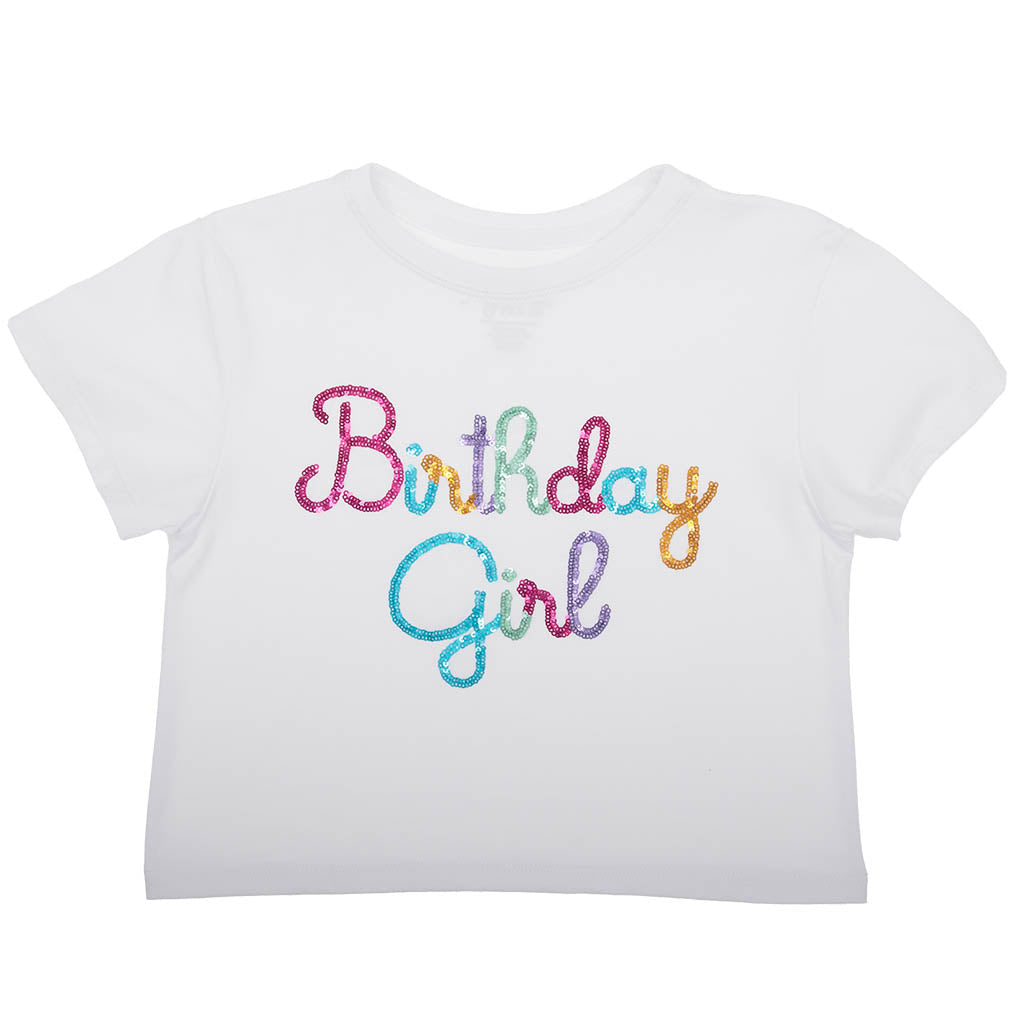 White crop top with 'Birthday Girl' text in colorful letters on a white background