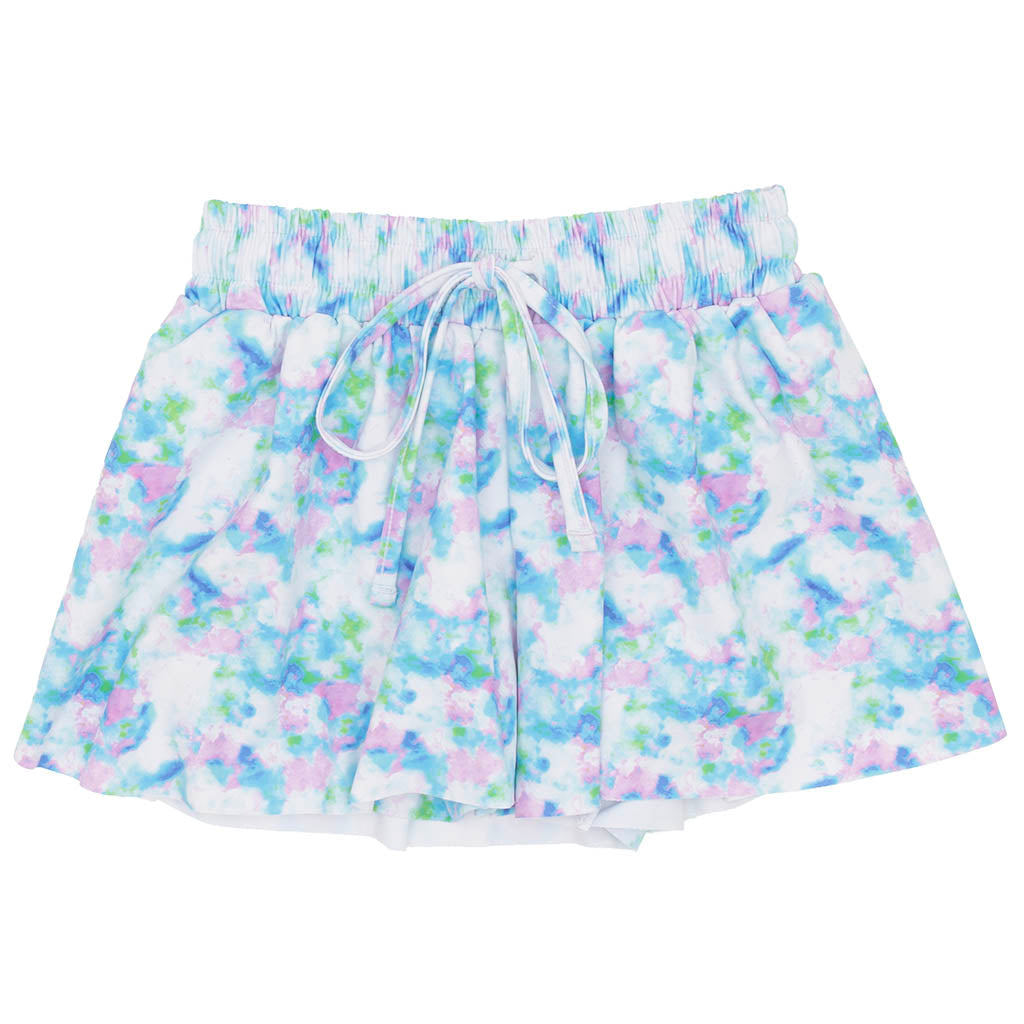 Floral patterned shorts with a drawstring on a white background