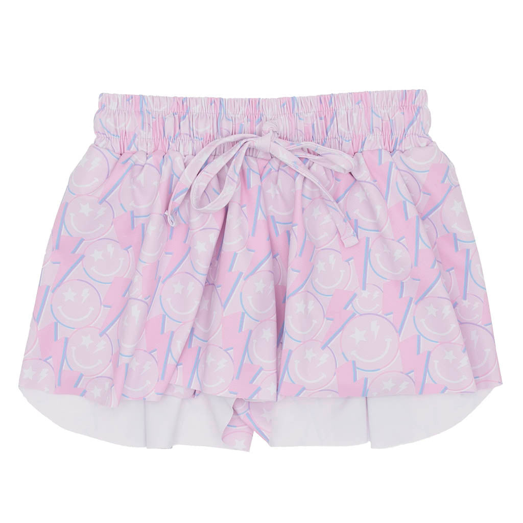 Pink shorts with a pattern on a white background